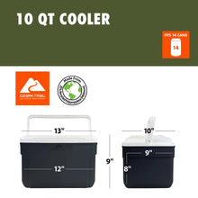 Hard-side cooler front view with white lid and side height width markers