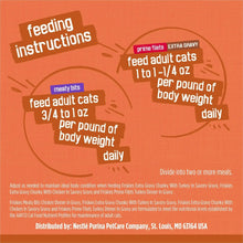 Wet cat food feeding instructions panel for adult cats, daily portion guidance