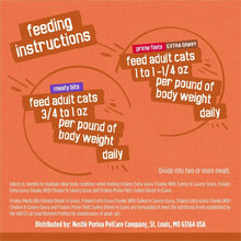 Wet cat food feeding instructions graphic: adult cats 3/4 to 1 oz per lb daily