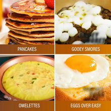 Double-sided mini pancake maker, shown with stacked pancakes and omelette-style food