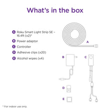 Light strip kit contents diagram showing controller, power adapter, clips, and wipes