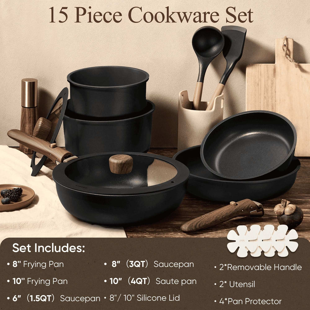 Carote 15 Pcs Nonstick Cookware Sets, Granite Non Stick Pots and Pans with Removable Handles, Oven Safe, Induction Compatible, Black