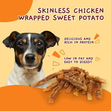 Skinned chicken wrapped sweet potato dog chew bites beside a dog portrait