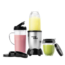 Countertop blender set with stainless base and clear cups filled with colored smoothies