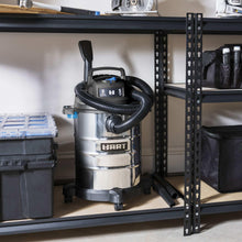 Hart wet/dry vacuum on wheels with hose curled and nozzle facing forward