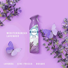 Febreze Air freshener spray bottle with purple Mediterranean lavender graphics