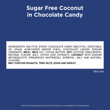 Back of sugar-free coconut chocolate candy bag with ingredients list