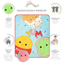 Character pillow and throw set with food snack faces, Squishmallows branding