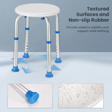 Round-seat shower stool with textured anti-slip rubber tips on adjustable metal legs