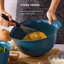 Agave teal plastic mixing bowl with pour spout, whisked batter inside