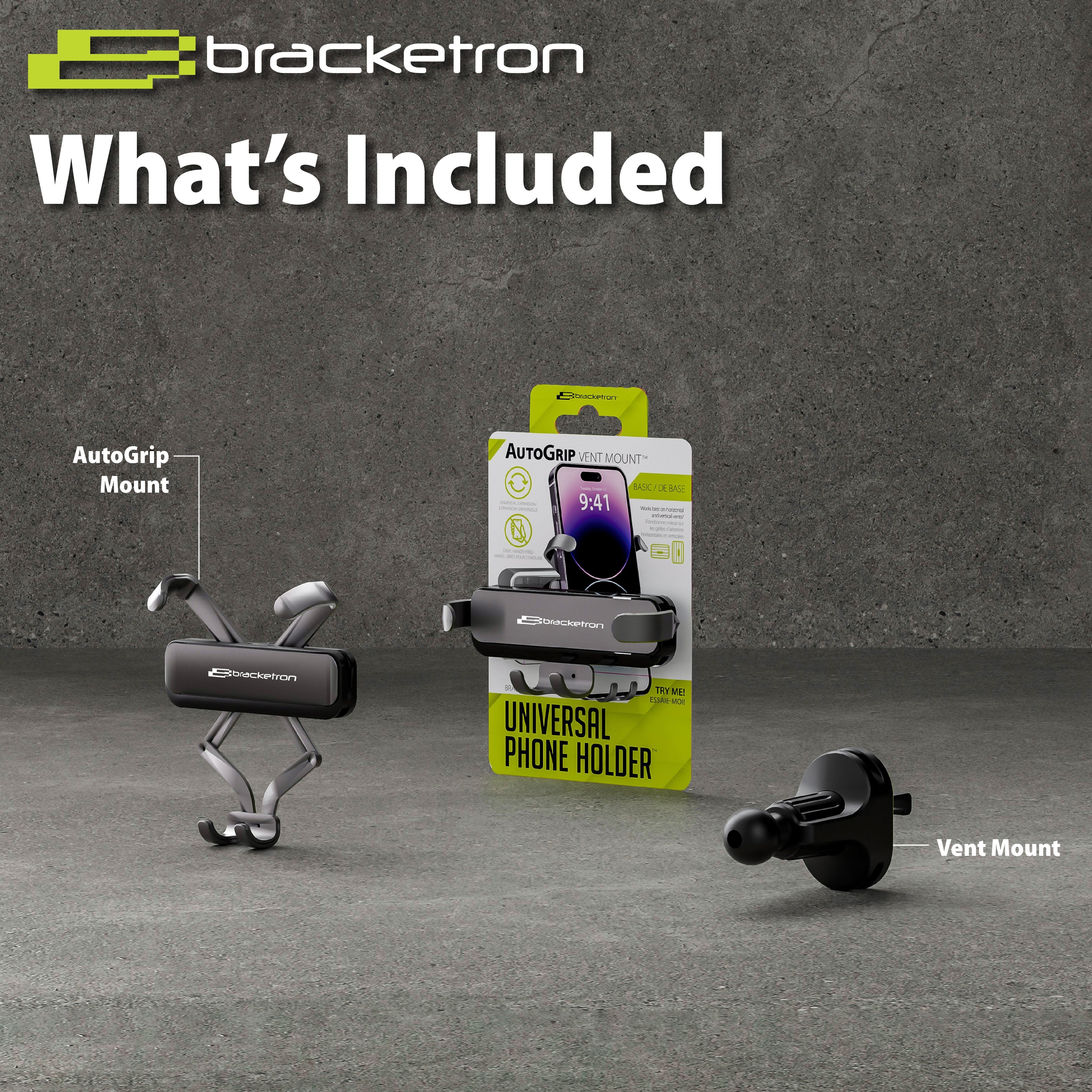 Bracketron AutoGrip Universal Vent Mount Car Phone Holder with Gravity Locking Design, One-Handed Place-to-Lock Operation, Fits Phones up to 3.75” Wide, Low-Profile Vent Mount,