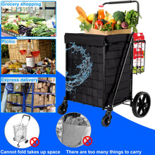 Black folding shopping cart with removable basket liner and four rolling wheels