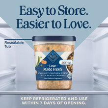 Refrigerated dog food tub with resealable lid and front label