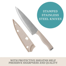 Stamped stainless steel chef knives with beige sheaths and protective blade guards