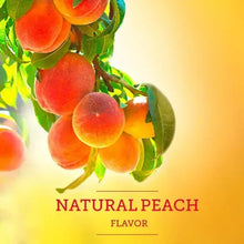 Peaches and green leaves with text “Natural Peach Flavor”
