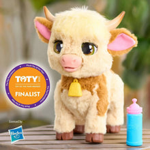 Cream plush cow with pink ears, brown body patches, and yellow nose bell