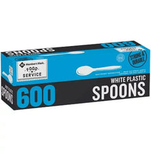 Box of white plastic spoons, 600-count disposable utensils