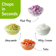 Chopped ingredient bowls display: salsa, guacamole, whipped cream, and minced onions
