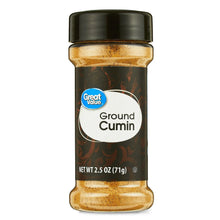 Ground cumin seasoning jar with black lid, Ground Cumin label and net wt 2.5 oz