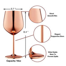 Rose gold wine glass size diagram showing 18 oz capacity, smooth rim, wide base