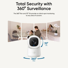 Indoor security camera with 360 pan and 70 tilt feature graphic