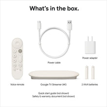Google TV Streamer 4K box contents: streamer, voice remote, power cable, adapter, batteries