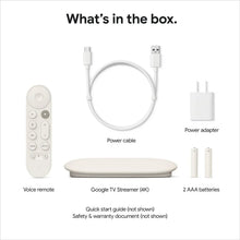 Streaming media device kit with white voice remote, power cable, adapter, and batteries