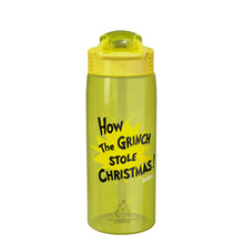 Kids Grinch water bottle with straw and flip lid; holiday text graphic