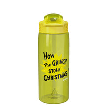 Kids plastic water bottle with straw and handle, green Grinch Christmas text graphic.