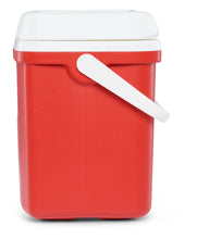Red ice chest cooler with white lid and swing handle, rear view