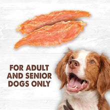 Chicken jerky treats “For adult and senior dogs only” with dog and jerky strips