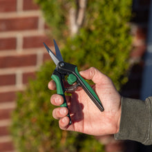 Hand holding green-and-black garden snipping shears with spring detail