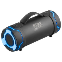 Portable waterproof Bluetooth speaker, black cylinder with blue LED light accents and carry handle