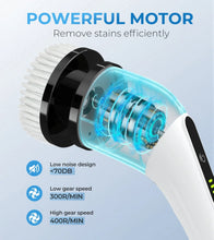 Cordless electric spin scrubber with motor drum showing blue rotation lights