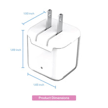 White dual-port wall charger with fold-out prongs and two front charging ports, with size views