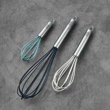 Silicone whisk set, three whisks with stainless handles and blue, white, teal loops