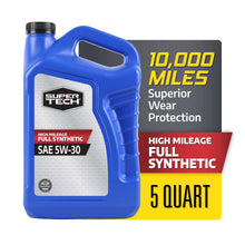 Blue motor oil jug with 10,000 miles, full synthetic SAE 5W-30, 5 quart