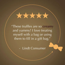 Customer review graphic with star rating and quote about creamy truffles