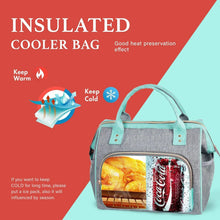 Insulated cooler bag in teal and gray with open front window showing food