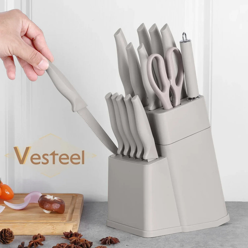 Vesteel Knife Set for Kitchen with Block, 15 Pcs High Carbon Stainless Steel Kitchen Knife Set with Self Sharpening - USA MEGA SHOP
