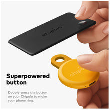 Black Bluetooth tracker card with yellow round loop button
