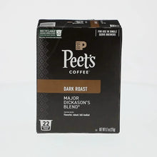 Peet's dark roast Major Dickason's Blend pod box side, 22 coffee pods