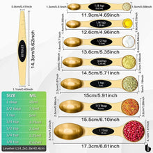 Gold measuring spoon set with size markings and built-in leveler tool