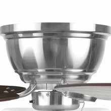 Brushed nickel ceiling fan motor housing with pull chain and frosted light bowl