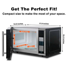 Countertop microwave oven with front size measurements and open door width diagram