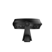 Black floor fan with centered motor hub, front grille, and stable base