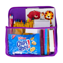 Purple pencil case with mini Chips Ahoy snack pack and colored pencils
