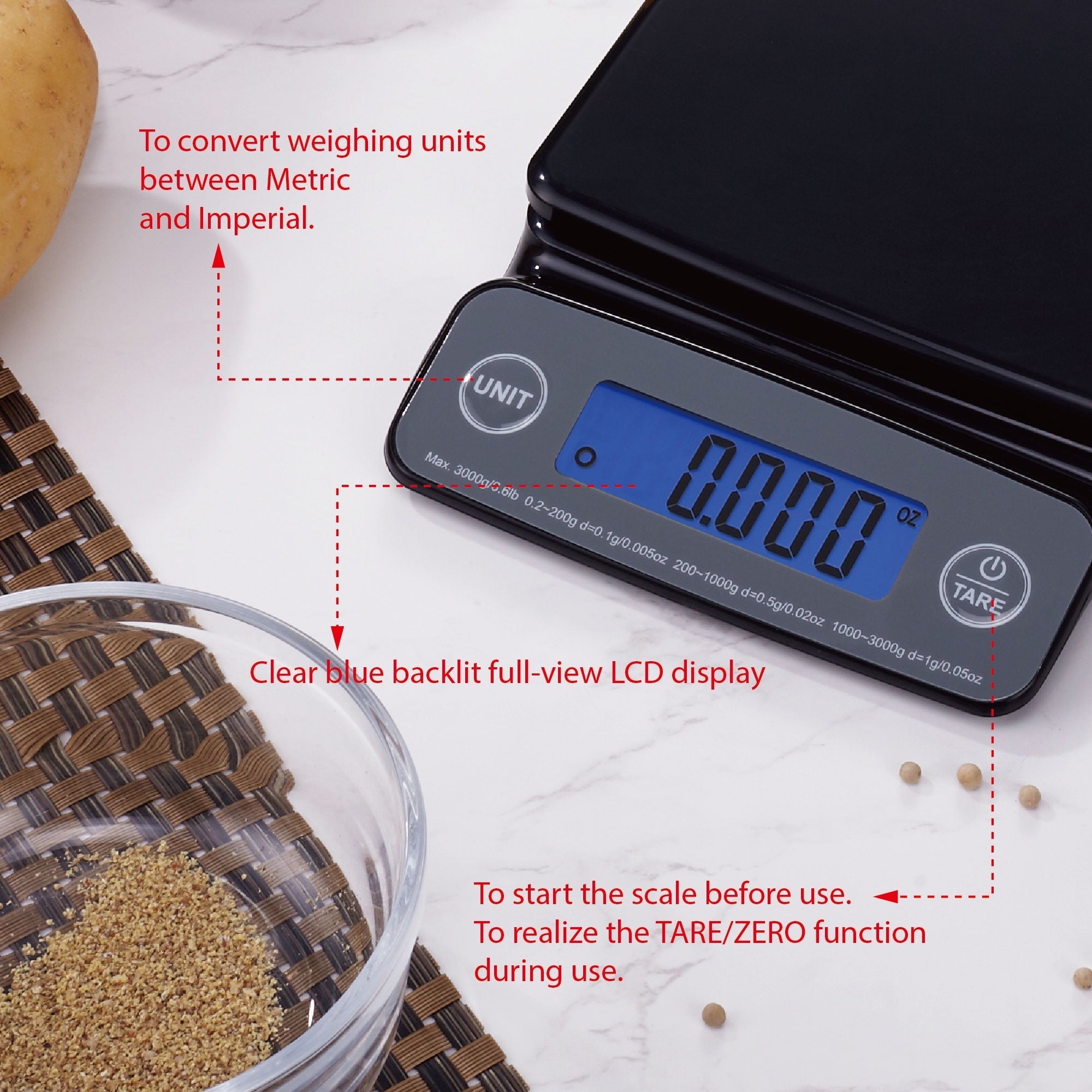 Mainstays 6LB High Precision Digital Kitchen Scale with Blue Backlit, Black