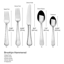 Hammered stainless steel flatware set with five utensil types and length labels