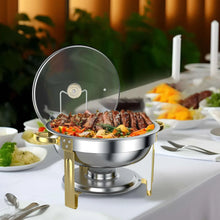 Stainless chafing dish with glass lid and gold stand, food warmer bowl